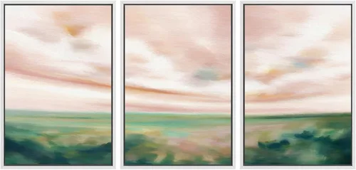 Miniatura 64 de SIGNWIN Conjunto de arte de pared de lienzo enmarcado, acuarela pastel, cielo de nubes rosas, colina verde del campo, naturaleza, vida silvestre