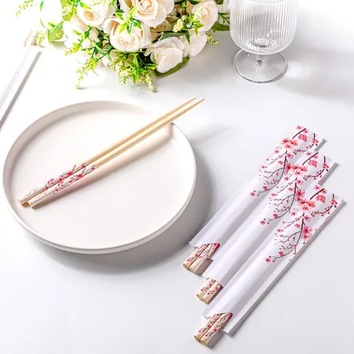 Miniatura 4 de 50 pares de palillos de flor de cerezo a granel con funda azul, palillos desechables de bambú de eucalipto, favores de boda, suministro de comida