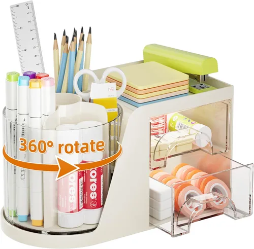 Organizador de Escritorio Marbrasse con 2 Cajones, Soporte Giratório de 360° para Bolígrafos, Organizadores de Escritorio y Accesorios con Beige