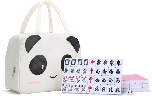drizzle Juego de Mahjong de 1.181 in color rosa – 144 azulejos de tamaño mediano con bolsa de panda y estantes – Juego de mesa tradicional chino –