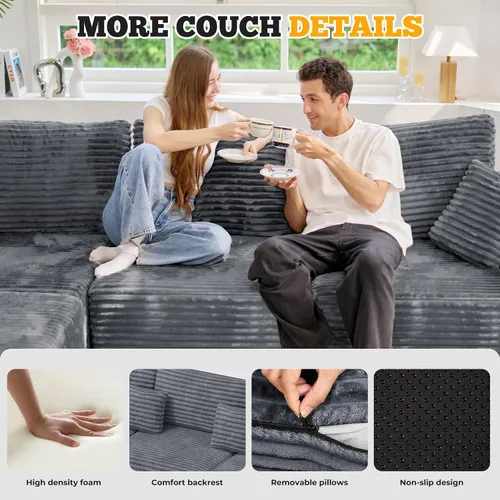Miniatura 6 de Sofá cama seccional modular de 113", sofás de nube convertibles para sala de estar con otomana, juego de sofá cama de pana sin estructura de 6 Gris