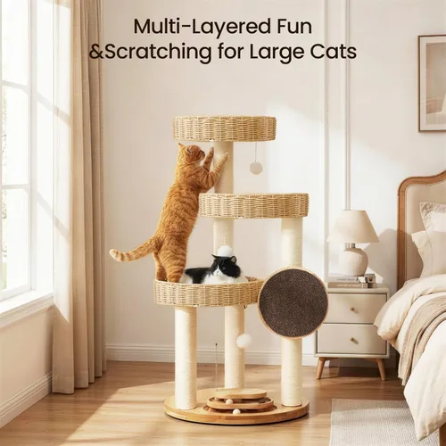 Miniatura 3 de Árbol de madera maciza para gatos grandes, torre moderna para gatos de 48 pulgadas con cestas tejidas a mano, condominio para gatos de varios