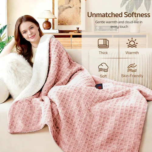 Miniatura 5 de Manta Térmica Waffle de 50"x60" – Manta Eléctrica Pink Blush con 6 Niveles de Calor y 4 Configuraciones de Temporizador, Piel Sintética y Sherpa