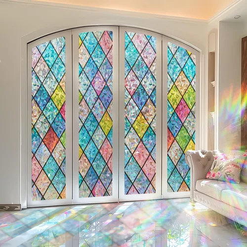 Miniatura 8 de Lámina de privacidad para ventana Windimiley con diseño de vidrio manchado: adhesivo estático decorativo floral 3D arcoíris con control de calor