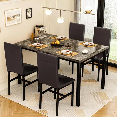 Miniatura 6 de Conjunto de mesa de comedor Lamerge para 4, mesa de mármol sintético y 4 sillas de cuero PU, mesa y sillas de cocina para 4, conjuntos modernos
