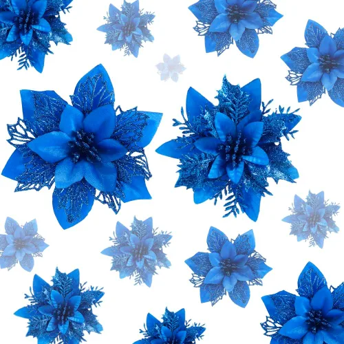 Miniatura 7 de Flores de Pascua de Navidad plateadas, paquete de 24 flores de seda con purpurina para adornos de árbol de Navidad, coronas de Navidad, guirnaldas