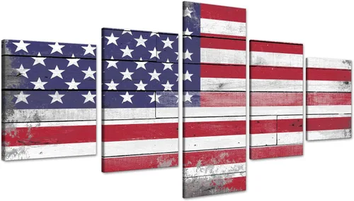Miniatura 15 de Arte de pared de concepto patriótico, pintura de bandera estadounidense y británica, lienzo de estrellas y rayas, 5 paneles, arte moderno americano