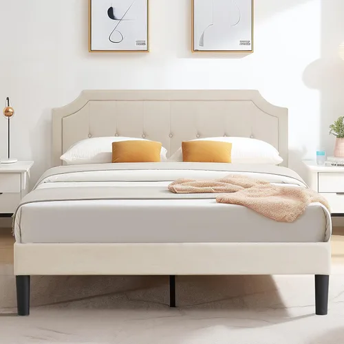 Miniatura 30 de VECELO Base de cama de plataforma de tamaño individual con cabecera tapizada de tela y soporte de listones de madera, no necesita somier/fácil Beige