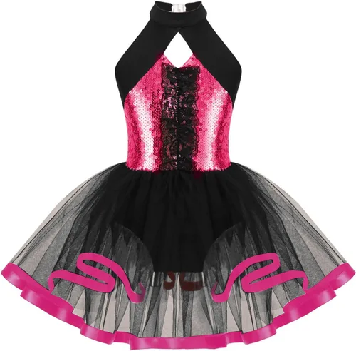 Miniatura 110 de CHICTRY Vestido tutú de ballet con lentejuelas brillantes para niñas y niñas, moderno disfraz de baile latino de jazz