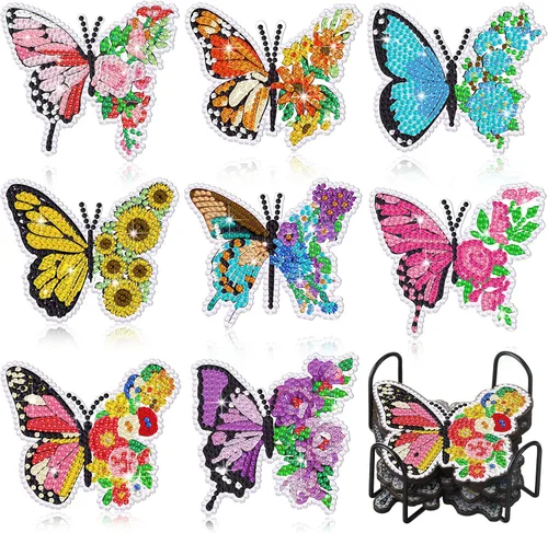 Shellwei 8 posavasos de pintura de diamante de mariposa con soporte, kit de pintura de diamante de mariposa de primavera, posavasos coloridos para