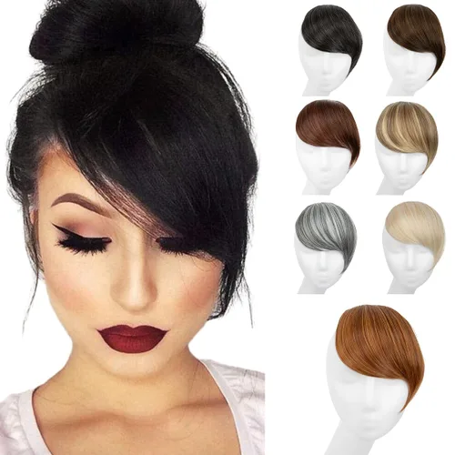Miniatura 13 de SARLA Flequillo lateral negro marrón con clip en piezas de cabello sintético, extensión de flequillo recto para mujeres