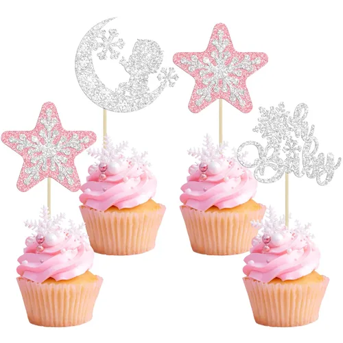 Miniatura 19 de Gyufise 24 adornos de copos de nieve Oh Baby para cupcakes con purpurina azul, decoración de pastel de baby shower congelado para baby shower