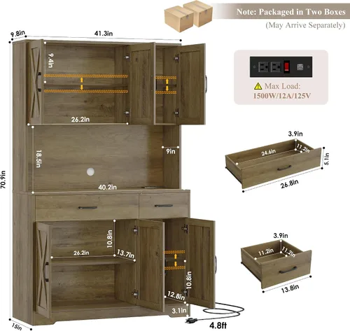 Miniatura 3 de HOSTACK Armario de despensa de 71" con estación de carga, armario alto de almacenamiento de despensa de cocina con soporte para microondas, alacena