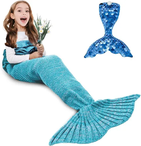 AmyHomie Manta de cola de sirena, manta para niños, saco de dormir de sirena de ganchillo, regalo de sirena para niñas (azul claro, niños)