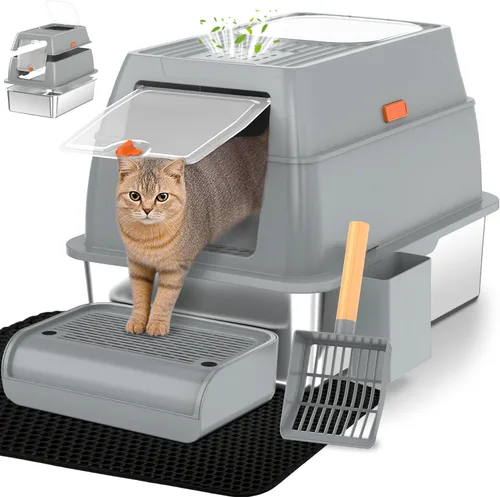 Miniatura 10 de Vivifying Caja de Arena de Acero Inoxidable con Tapa, Entrada Frontal XL Cerrada Caja de Arena Extra Grande para Gatos Grandes y Gatitos, Bandeja