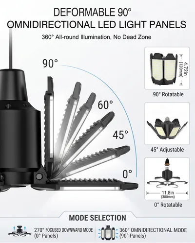 Miniatura 4 de BRAINIAC Bombillas LED de garaje de 100 W con 6 paneles ajustables, E26/E27 tornillo de enchufe, luz LED de techo de garaje deformable para almacén