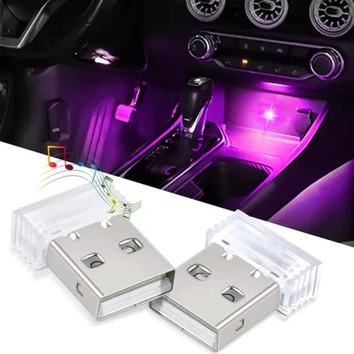 2 luces LED USB para el interior del automóvil, incluye 1 luz de respiración táctil, 1 luz activada por voz, 7 colores ajustables, accesorios
