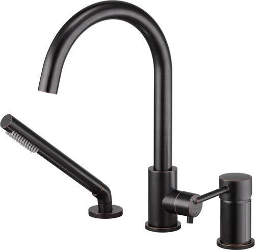 Miniatura 13 de Grifo de bañera de montaje en cubierta negro con rociador, grifos de bañera de alto flujo, grifo de baño de latón con mango montado en la ducha