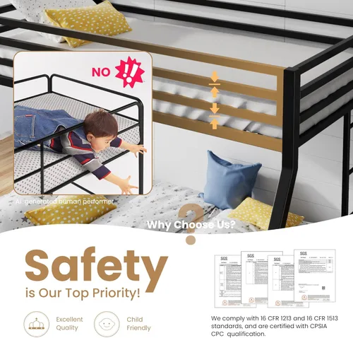 Miniatura 3 de SHA CERLIN Litera tipo loft de tamaño Twin sobre Full con escalera y barandilla, listones de metal resistente, no necesita somier, muebles Negro