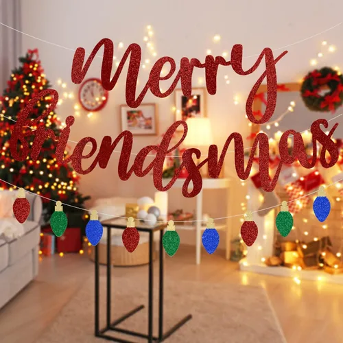 Miniatura 3 de Guirnalda de bombillas rojas con purpurina con texto en inglés "Merry Friendsmas", decoraciones de fiesta temática de amigos, decoración de Navidad