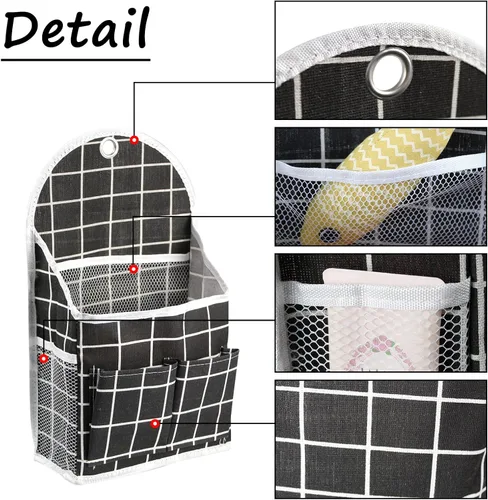 Miniatura 3 de FuninCrea Bolsa de almacenamiento para colgar en la pared, organizador de lino a cuadros blanco y negro, para montar en la pared, sin perforaciones