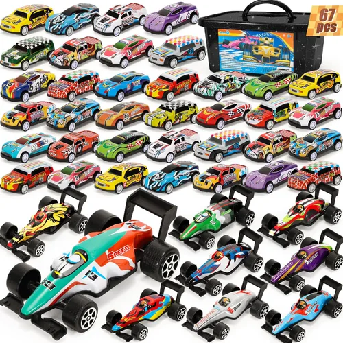 SevenQ Coches de juguete para niños con caja de almacenamiento, 67 unidades de autos de carreras a granel, juguetes de caja del tesoro para el aula,
