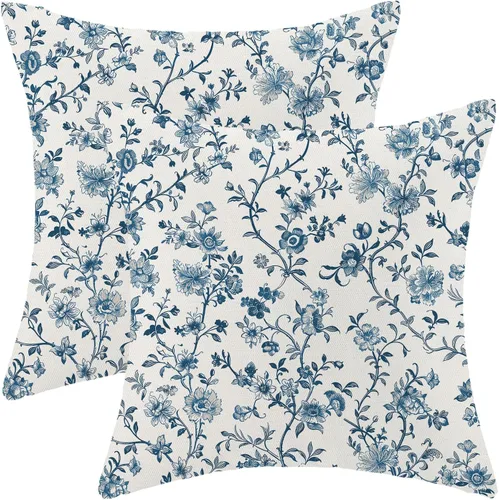 Miniatura 8 de AEIOAE Fundas de Almohada de Primavera de 16x16 Pulgadas Juego de 2, Azul Marino Aguamarina Verde Azulado Vintage con Flores y Pájaros Fundas