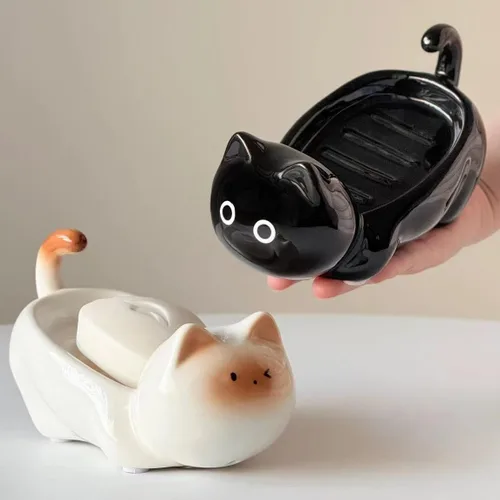 Miniatura 5 de Jabonera de cerámica para gatos, barra autodrenante para ducha, bandeja de jabón decorativa para lavabo de baño, encimera de cocina, bandeja Negro