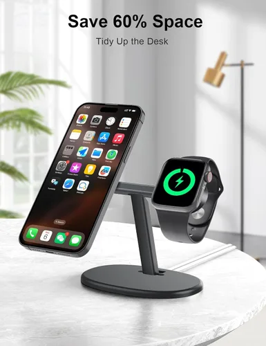 Miniatura 2 de EWA Soporte de carga MagSafe 2 en 1 para iPhone 16/15/14/13/12 y Apple Watch Series, SE, ángulo de visión ultra ergonómico, base antideslizante