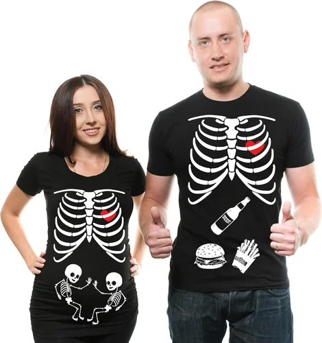 Camiseta de maternidad de gemelos a juego para parejas, disfraz de esqueleto de Halloween, camiseta de papá, camiseta de embarazo para mamá,