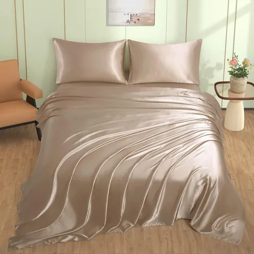 Miniatura 2 de VACVELT Juego de 3 sábanas de satén color beige tamaño individual, juego de ropa de cama, sábana bajera de satén sedoso con bolsillo profundo de 15