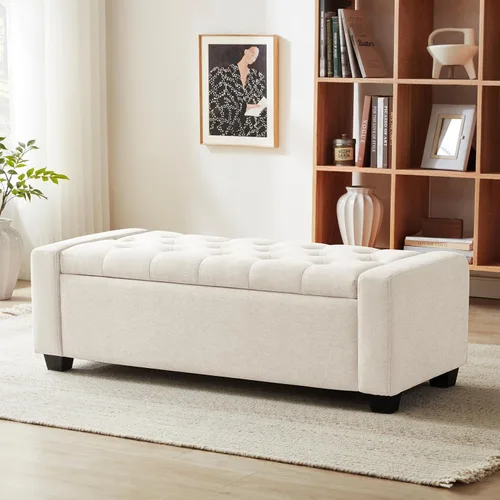 Huatean Home Otomana de 48" con almacenamiento, otomana con banco de almacenamiento con bisagra de seguridad, banco tapizado de entrada con asiento