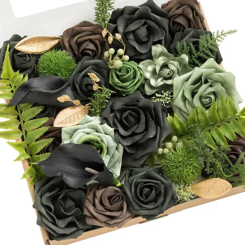 Miniatura 34 de Ling's moment Caja de Flores Falsas, Tallos de Vegetación Artificial Falsa Rosas de Espuma Dalias de Seda Hojas de Rosa Flor de Tela para Centros