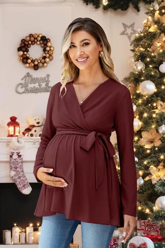 Miniatura 3 de OUGES Túnicas de maternidad para mujer, camisas de manga larga, cuello en V, ropa de maternidad de enfermería, blusa casual de embarazo