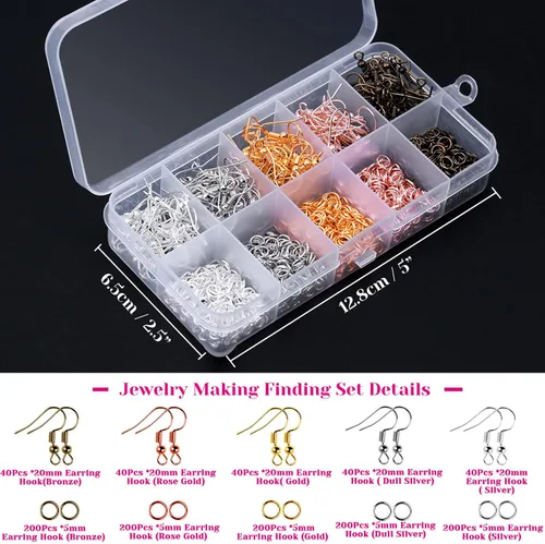 Miniatura 6 de Audab - Ganchos para aretes, kit de fabricación de 1400 piezas con 200 anillos de oreja, 1000 anillos de salto, respaldos y alicates de joyería
