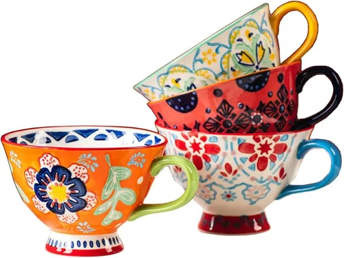 Tazas de café de cerámica de gran capacidad pintadas a mano con patrón floral – Tazas jumbo, té, leche, cereales, taza de desayuno, juego de 4 – 14