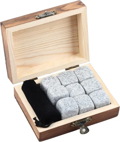 Miniatura 10 de Juego de regalo de piedras de whisky con 9 piezas de piedras y caja, cubos de hielo reutilizables, juego de granito natural, piedras para enfriar