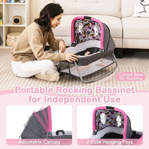 Miniatura 4 de HONEY JOY Empaca y juega con el moisés, paquete central de guardería infantil y juega con cuna y juguetes colgantes para recién nacidos, bolsa
