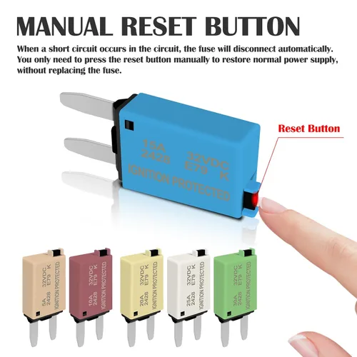 Miniatura 4 de Kit de fusibles de reinicio manual ATM Mini fusibles de perfil bajo 5A, 10A, 15A, 20A, 25A, 30A para disyuntores automotrices de 32 V CC, fusibles