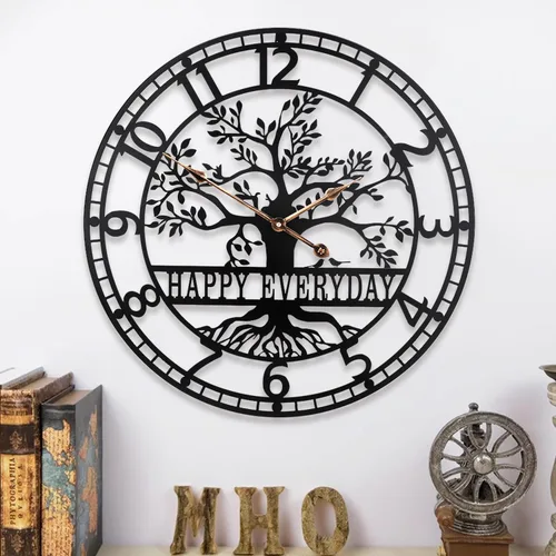 Miniatura 9 de Dankeit Reloj de pared con diseño de árbol de la vida, reloj de pared de metal negro de 24 pulgadas con árbol familiar de gran tamaño para sala