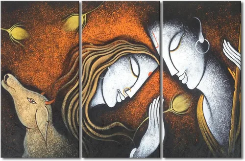 Miniatura 43 de Pintura india hindú Dios Señor Krishna imágenes sobre lienzo, arte de pared de 3 piezas, arte de pared moderno, decoración del hogar para sala