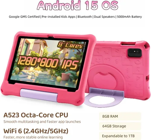 Miniatura 2 de Tabletas Android 15 – Tableta para niños de 10 pulgadas con funda, Octa-Core, 8 GB+64 GB de almacenamiento (expandible a 1 TB), cámara dual, S1-Rojo