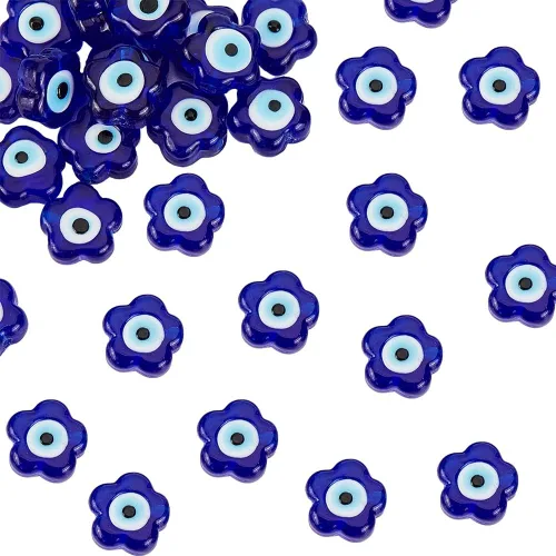 DICOSMETIC 33 cuentas de cristal de flores, color azul oscuro, dijes de mal de ojo, hebras de cuentas planas sueltas, cuentas espaciadoras pequeñas