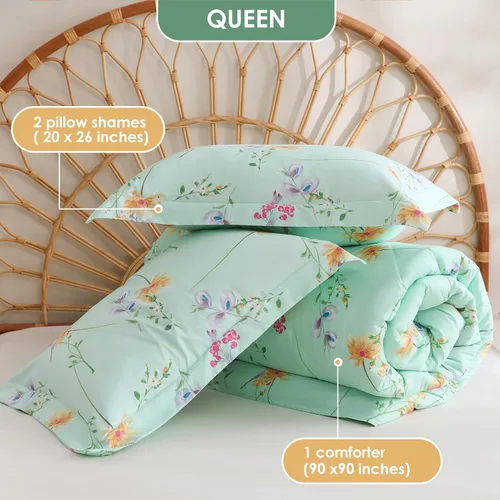 Miniatura 2 de Juego de ropa de cama JSD de microfibra con estampado floral verde, tamaño Queen, 3 piezas, edredón alternativo ligero para todas las estaciones