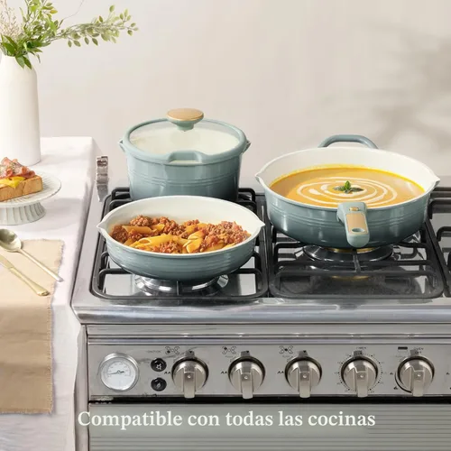 Miniatura 8 de CAROTE Juego de utensilios de cocina de titanio de 17 piezas, juego de ollas y sartenes antiadherentes, juego de cocina de cocina con mango