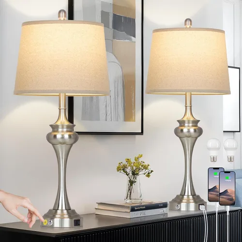 Miniatura 8 de Rinweey Lámpara de mesa plateada de 30 pulgadas individual, lámpara de noche de control táctil de 3 vías con puertos USB A+C, modernas lámparas