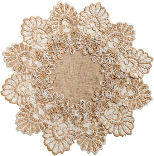 Manteles europeos de encaje jacquard antiguo, pequeño, de lino bordado de granja, bufanda, mantel rústico (forma de flor, diámetro de 15.7 pulgadas)