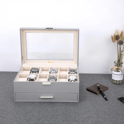 Miniatura 6 de Voova Joyero organizador de cajas de reloj para hombres y mujeres 2 capas grandes de 12 ranuras de piel sintética estuche de almacenamiento