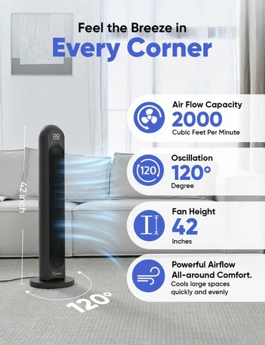 Miniatura 2 de EcoNour - Ventilador de torre inteligente con control WiFi y Alexa, ventilador personal de 42 pulgadas, oscilación de 120°, potente flujo de aire