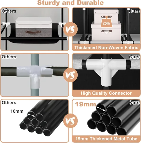 Miniatura 7 de VTRIN Armario portátil para colgar ropa con cubierta, 3 varillas colgantes, 6 estantes de almacenamiento y bolsillo lateral, Tubo de metal